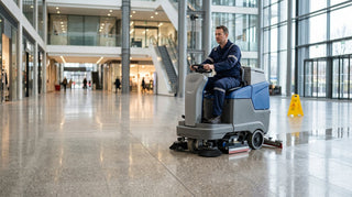 Cleaner using a scrubber-dryer on a polished commercial floor