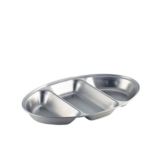 Stainless Steel Three Division Oval Vegetable Dish 35cm Serving Dish with Compartments for Catering & Home Use