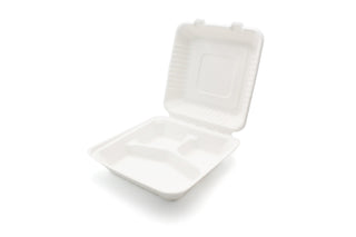 Pack Of 200 Bagasse Clamshell Biodegradable 3 Comp (229x229mm/9x9")