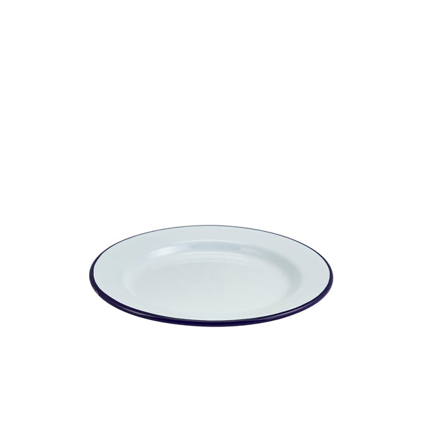 White Enamel Wide Rim Plate with Blue Rim for Catering – UKCS Group