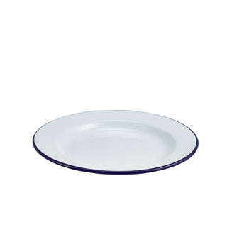 White Enamel Wide Rim Plate with Blue Edge for Catering, Dining & Food Presentation 20cm 24cm 26cm Round Plates - Set of 12