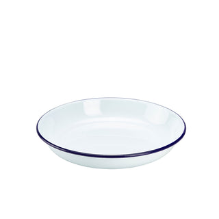 White Enamel Steel Rice & Pasta Plates with Blue Rim – 18cm, 20cm, 22cm & 24cm Round - Pack of 12