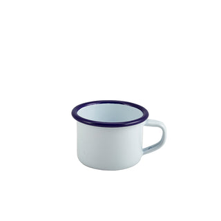 White Enamel Steel Mug with Blue Rim for Catering & Table Service – 12cl / 4.25oz, Pack of 12