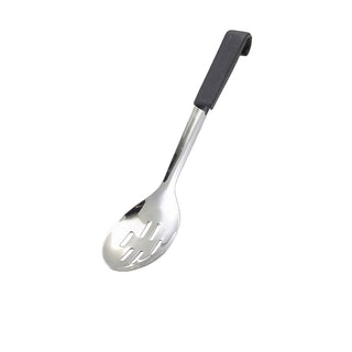 Black Handled Stainless Steel Slotted Serving Spoon 34cm for Hot Buffet, Catering Service and Commercial Food Preparation