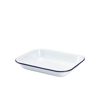 White & Blue Enamel Baking Trays – Durable Vitreous-Coated Steel Trays for Oven Cooking & Food Presentation (Pack of 6)