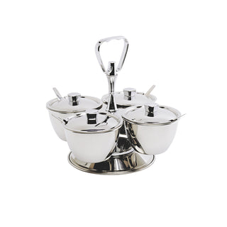 Stainless Steel Revolving Relish Server 4-Way with Bowls & Spoons, 24.5 × 20cm for Table Service