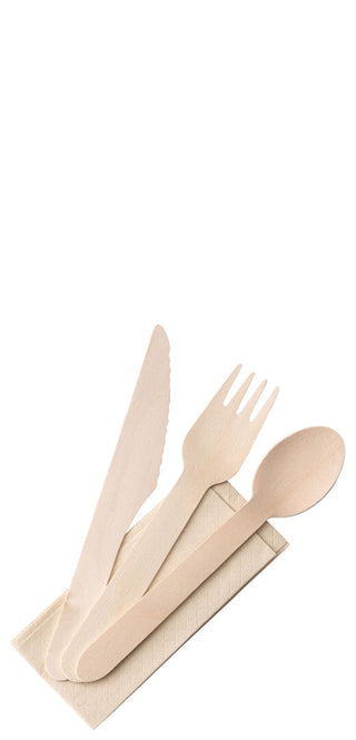 Birch Wood Cutlery Set, Disposable Wooden Knife Fork Spoon & Napkin, Eco-Friendly Takeaway Use - Box of 250