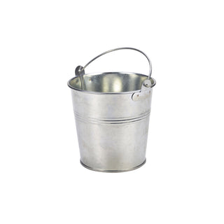 Galvanised Steel Serving Buckets with Handle, 12cm and 8.5cm Diameters for Side Dishes, Cutlery & Table Service – Stackable Catering Buckets (Pack of 12)