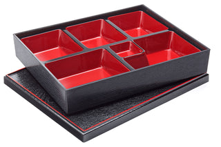 Bento Box 5 & 6 Compartment – 10.5" x 8.25" & 12" x 10" – Red and Black, Plastic, Dishwasher Safe - Pack of 5