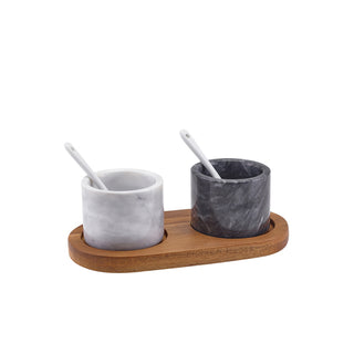 Marble Salt & Pepper Pot Set 20×10×1.6cm Acacia Wood Base Table Service 1 Piece