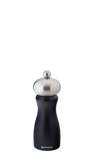 Belle Black Matte Pepper Mill – Wooden Tabletop Grinder with Polished Metal Top, 6" & 8", Box of 6
