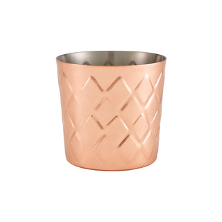 Diamond Pattern Stainless Steel & Copper Plated Serving Cups – Stackable 41cl Side Dish Pots for Restaurants & Catering (Pack of 12)