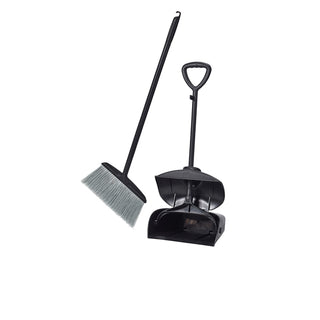 Black Polypropylene Lobby Dustpan and Brush Set with Windbreak Cover – 85cm Handle, Two-Piece Commercial Cleaning Set