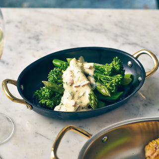 Black Vintage Steel Oval Dish with Brass Handles, PVD-Coated Stainless Steel Serveware 12oz/ 17.6oz – Pack of 6