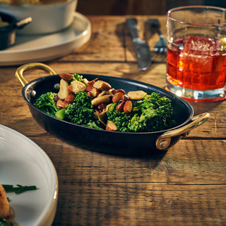 Black Vintage Steel Oval Dish with Brass Handles, PVD-Coated Stainless Steel Serveware 12oz/ 17.6oz – Pack of 6