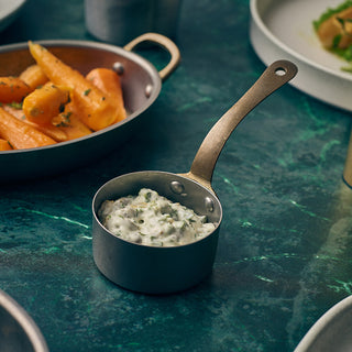 Vintage Steel Mini Sauce Pan – Industrial Finish with Brass Handle Serveware - 5oz, 7oz, 12oz - Set of 6