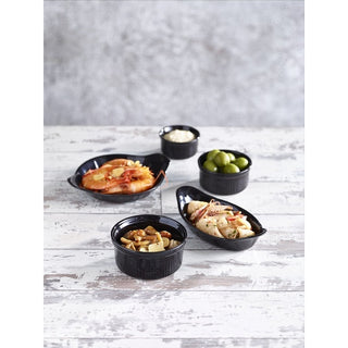 Oval Eared Dish 16.5cm / 6.5" Black/ White – Vitrified Porcelain, Rolled Edge Design, Pack of 6