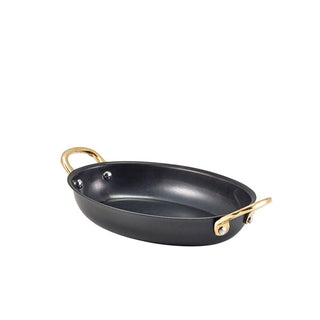 Black Vintage Steel Oval Dish with Brass Handles, PVD-Coated Stainless Steel Serveware 12oz/ 17.6oz – Pack of 6