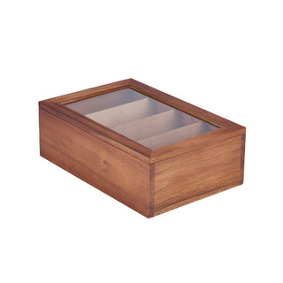 Acacia Wood Tea Box | Wooden Tea Storage Box with 4 Compartments & Clear Lid 30 × 20 × 10 cm